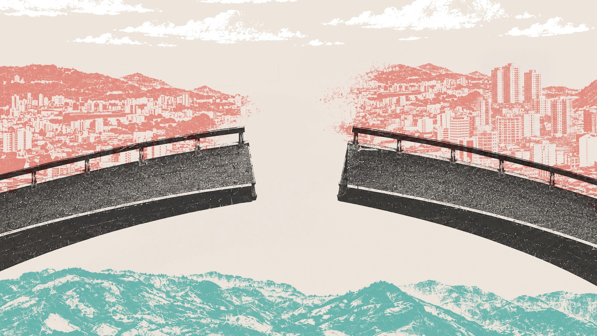 Puente quebrado sobre la ciudad y la cordillera